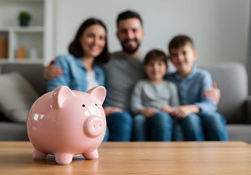 A pink piggy bank sits on a table in focus, symbolizing retirement planning, with a blurred family of four smiling on a couch in the background.